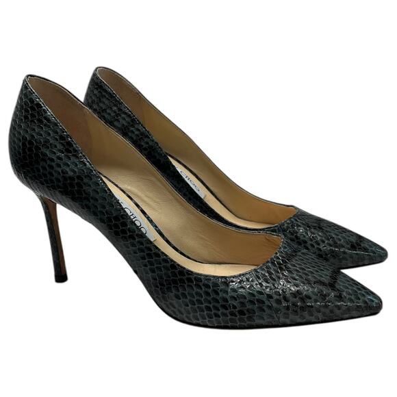 Jimmy Choo Heels Womens 37.5 7.5 US Green Black Snake Python Abel Pump Stiletto - Picture 6 of 13